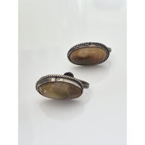 Vintage Sterling Silver Tiger Eye Oval Screw On Earrings